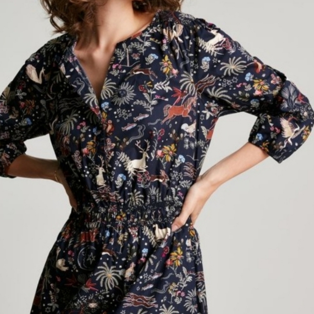 Joules Lyla Button Down Dress Navy Floral Pattern Animal Print Shirt Dress Midi